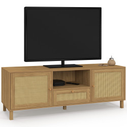 3-deurs 140 cm vintage TV-meubel met natuurlijk rieteffect - HANAE