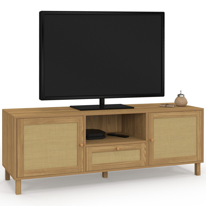 Mueble de TV vintage de 3 puertas de 140 cm con efecto de caña natural - HANAE | IdMarket