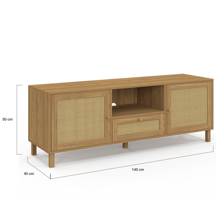 Mueble de TV vintage de 3 puertas de 140 cm con efecto de caña natural - HANAE | IdMarket