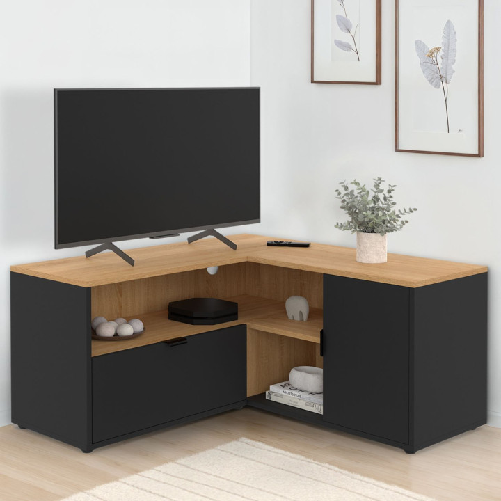 TV-Möbel 90 x 90 cm Eckschrank in Buchenholzoptik und Schwarz - BALTAZAR | IdMarket