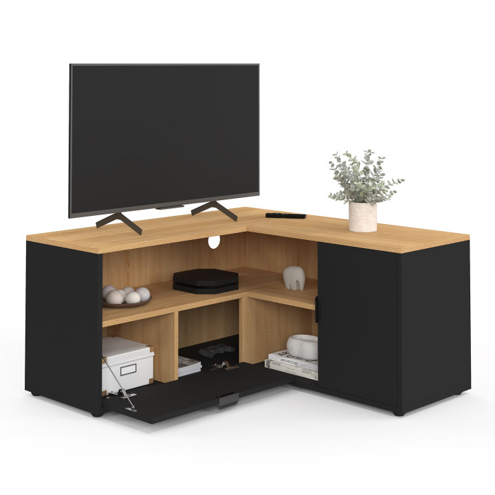 TV-Möbel 90 x 90 cm Eckschrank in Buchenholzoptik und Schwarz - BALTAZAR | IdMarket