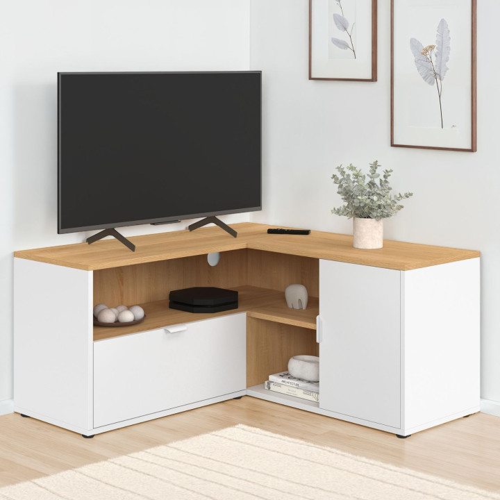 TV-Möbel 90 x 90 cm Eckschrank in Buche und Weiß - BALTAZAR | IdMarket