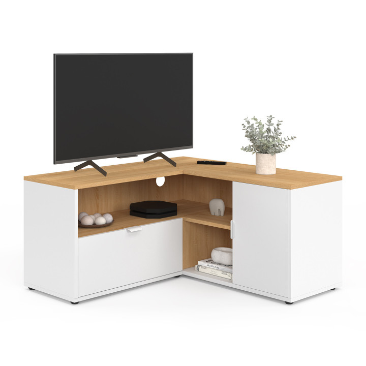Soporte de TV esquinero de 90 x 90 cm en haya y blanco - BALTAZAR | IdMarket