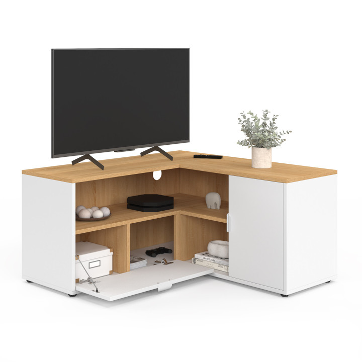 Soporte de TV esquinero de 90 x 90 cm en haya y blanco - BALTAZAR | IdMarket