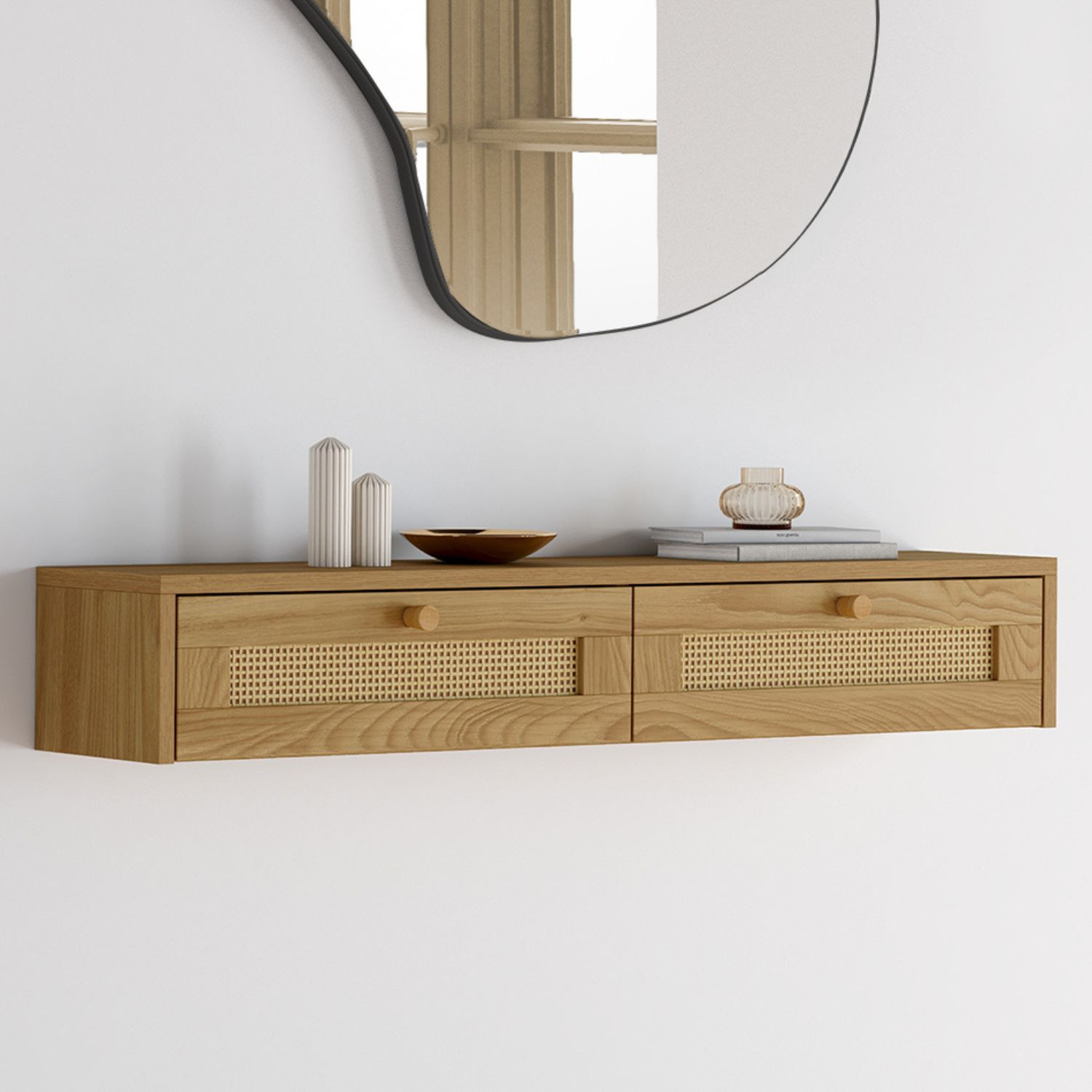 Etagère murale console d'entrée 2 tiroirs effet naturel cannage