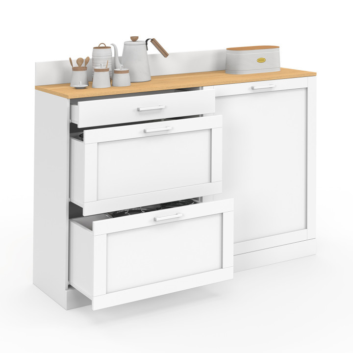 Aparador bajo de cocina 120 cm encimera casserolier H.83 cm 1 puerta + 3 cajones blancos y encimera imitación haya - VITO | IdMa