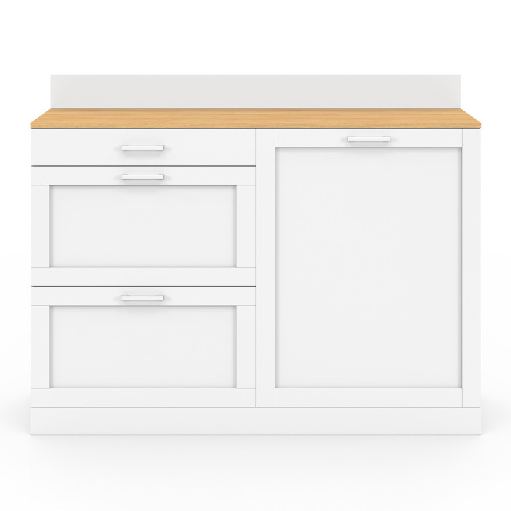 Aparador bajo de cocina 120 cm encimera casserolier H.83 cm 1 puerta + 3 cajones blancos y encimera imitación haya - VITO | IdMa
