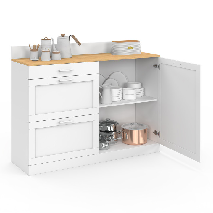 Buffet bas de cuisine 120 cm casserolier VITO plan de travail H.83 cm 1 porte + 3 tiroirs façon hêtre et blanc