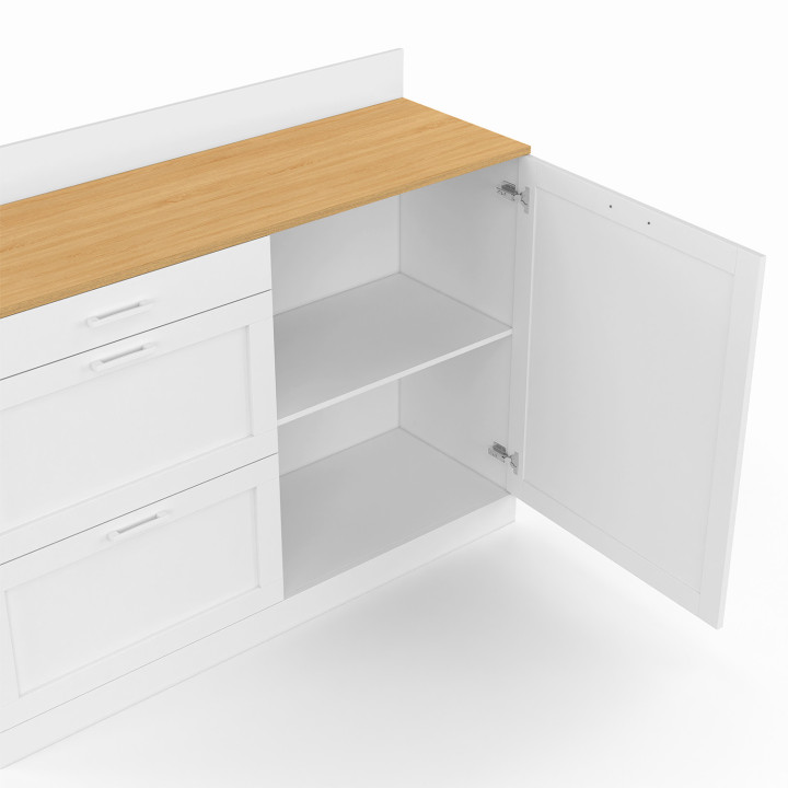 Aparador bajo de cocina 120 cm encimera casserolier H.83 cm 1 puerta + 3 cajones blancos y encimera imitación haya - VITO | IdMa