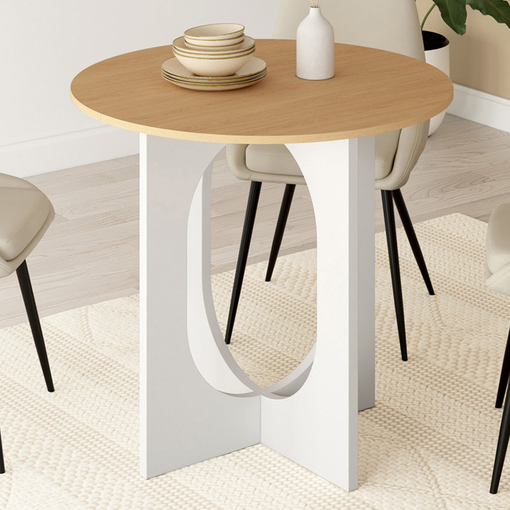 Mesa de comedor redonda fija para 4 personas, blanca y pata de arco de madera 80 cm - ALOISE | IdMarket