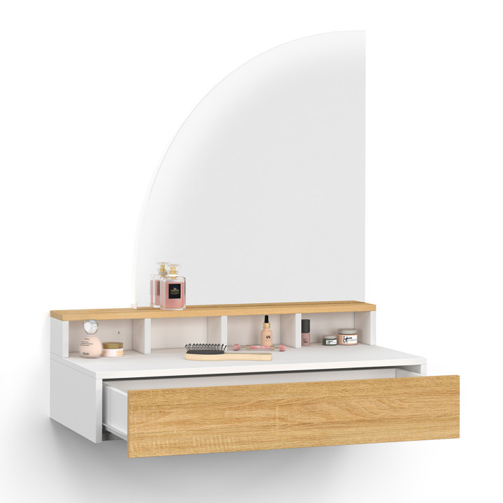 Mueble tocador colgante con espejo LED, 4 huecos, 1 cajón, madera y blanco - ZELIA | IdMarket