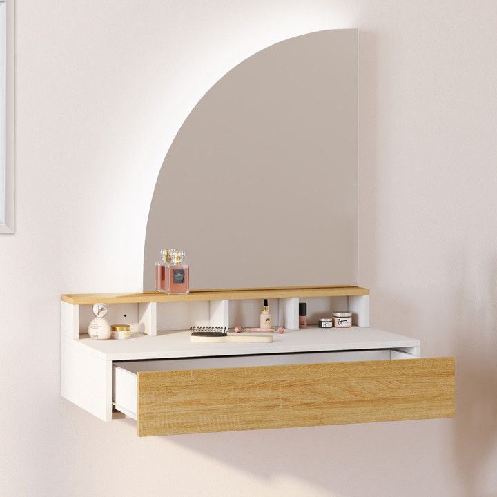 Mueble tocador colgante con espejo LED, 4 huecos, 1 cajón, madera y blanco - ZELIA | IdMarket