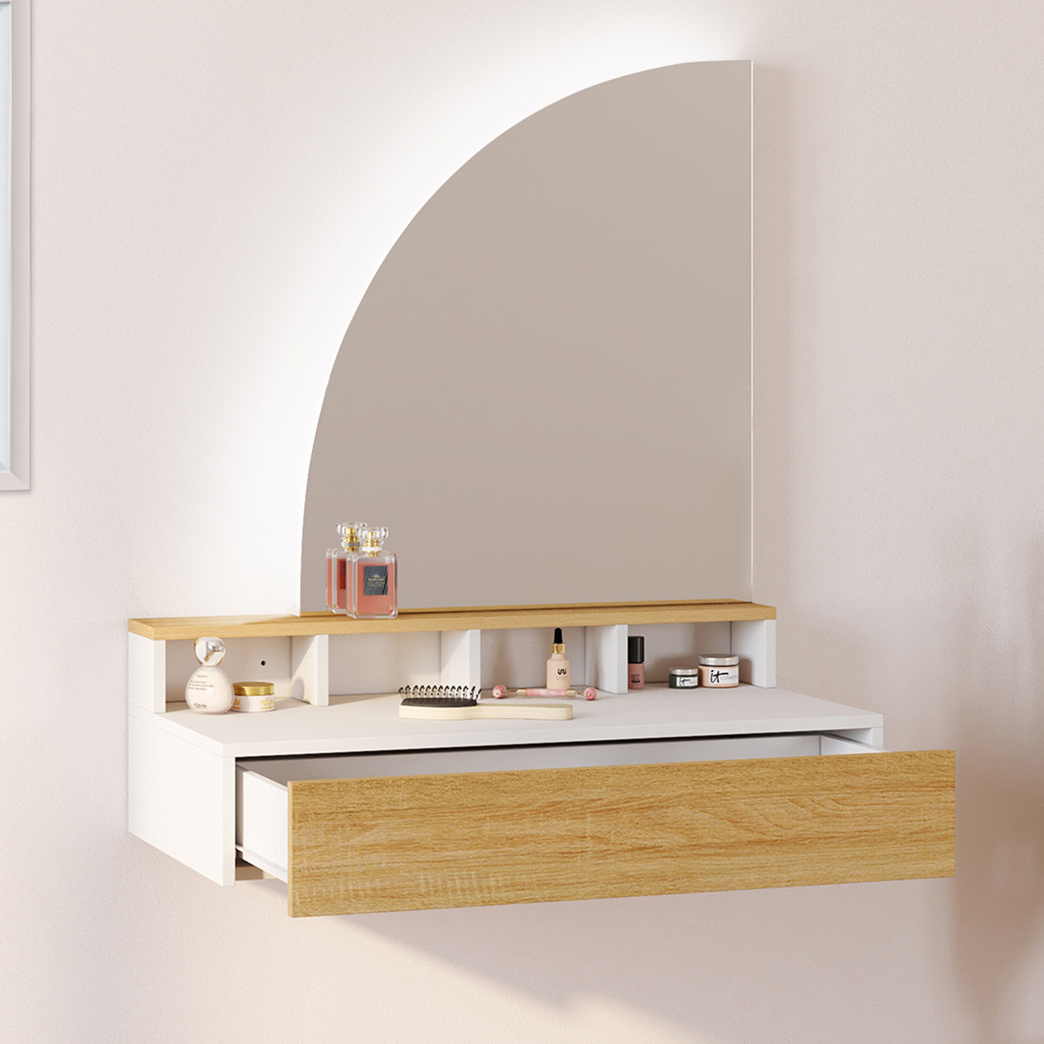 Coiffeuse suspendue miroir LED avec 4 niches, 1 tiroir bois et blanc