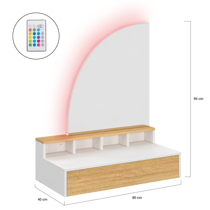 Mueble tocador colgante con espejo LED, 4 huecos, 1 cajón, madera y blanco - ZELIA | IdMarket