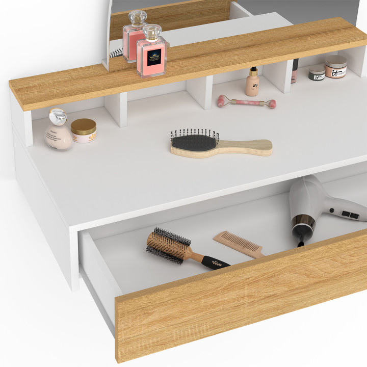 Mueble tocador colgante con espejo LED, 4 huecos, 1 cajón, madera y blanco - ZELIA | IdMarket