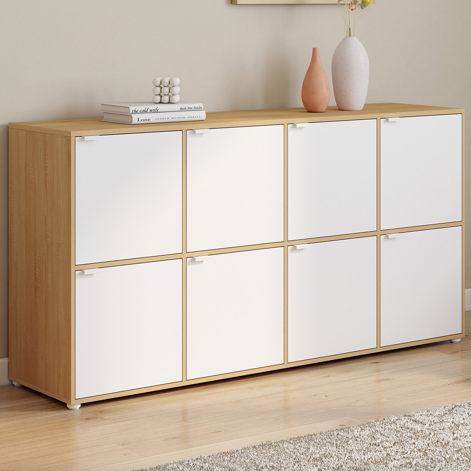 Buffet casier 8 portes 139 cm blanc et bois