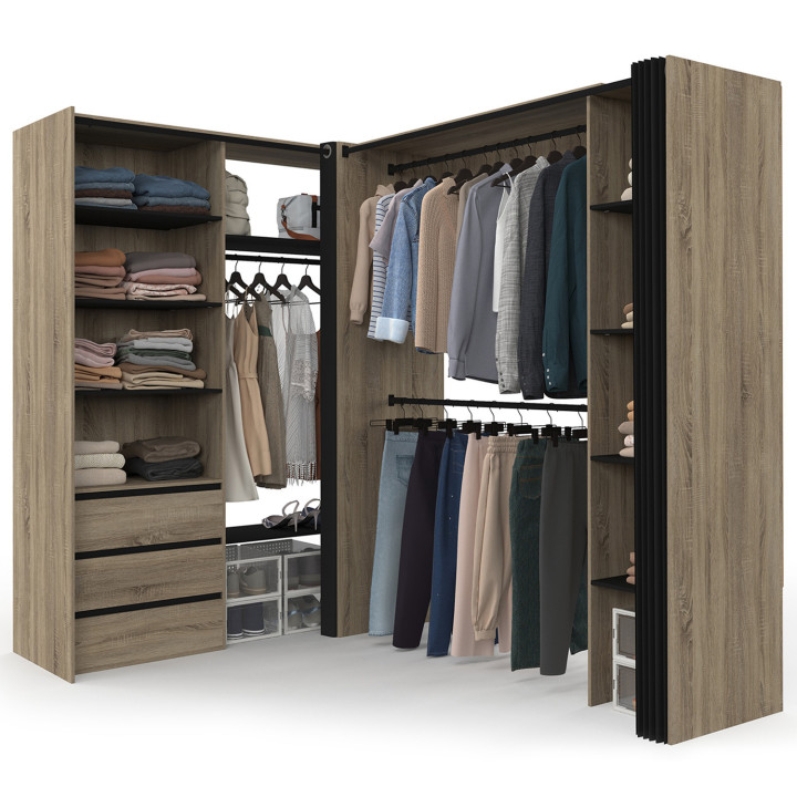 MARLON 200 x 150 x 180 cm beuken hoekkast met kleerkasten + laden + legplanken + zwarte gordijnen