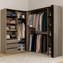 Armario rinconero extensible 200 x 150 x 180 cm haya con armarios + cajones + estantes + cortinas negras - MARLON | IdMarket