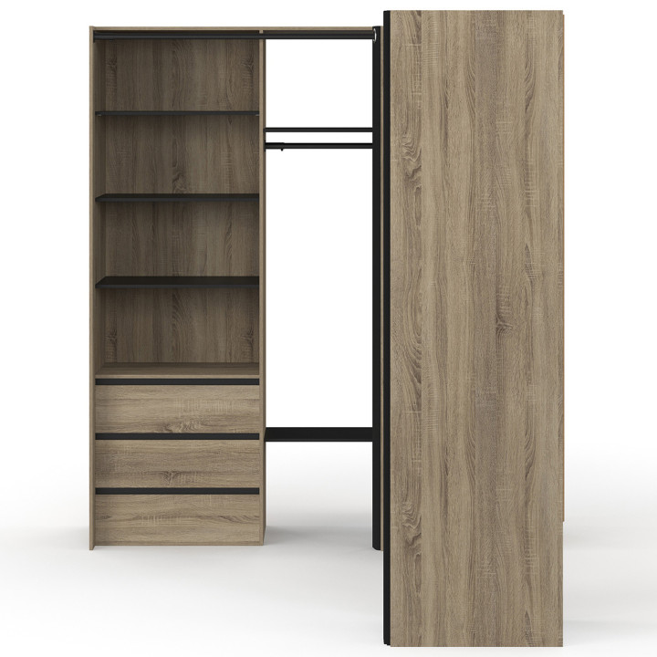 Ausziehbarer Eckkleiderschrank MARLON 200 x 150 x 180 cm Buche mit Kleiderschrank + Schubladen + Regalen + schwarzen Vorhängen