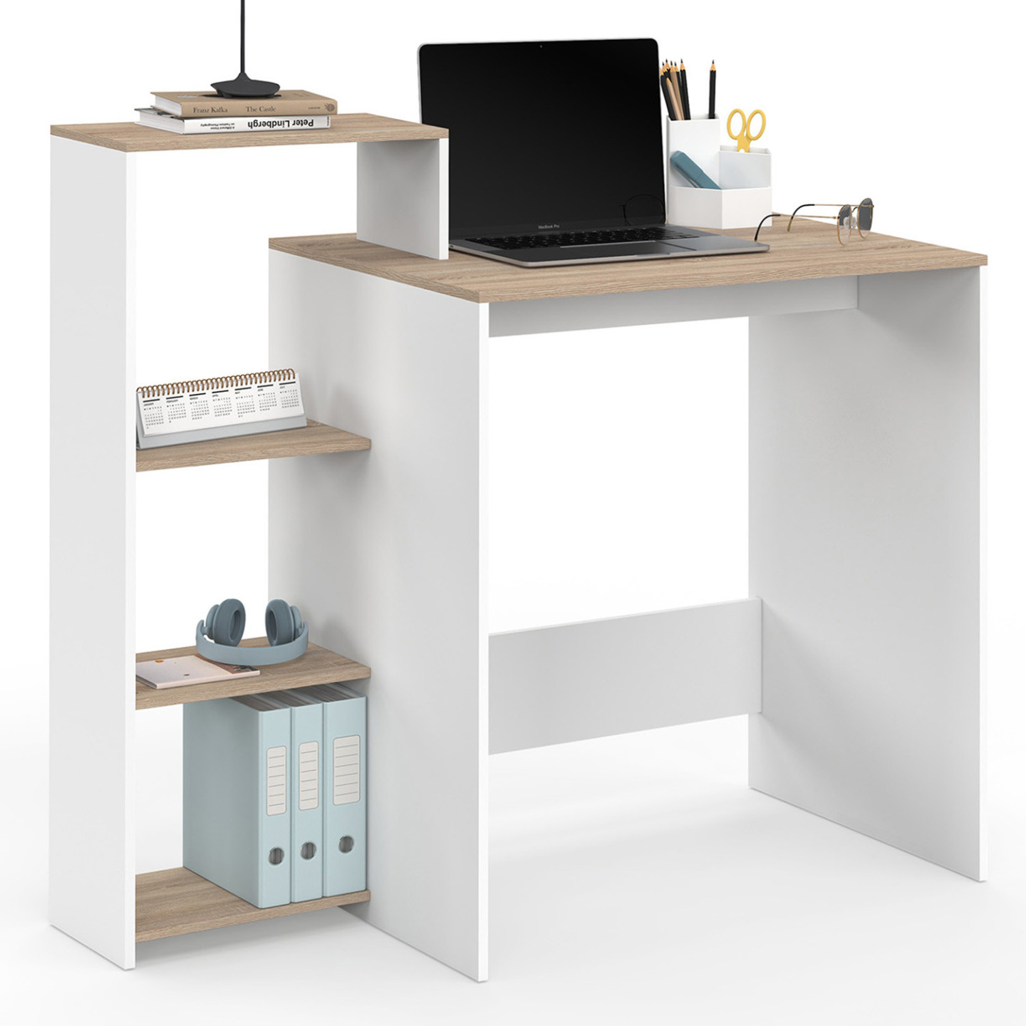 Bureau avec étagères modulables latérales bois façon hêtre et blanc ...