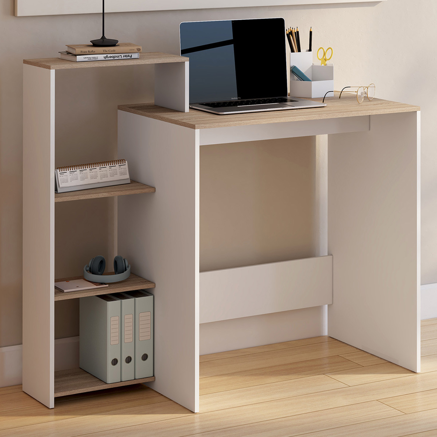 Bureau avec étagères modulables latérales bois façon hêtre et blanc