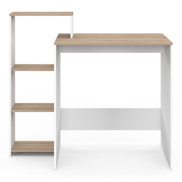 Bureau avec étagères de rangement latérales LILIAN bois façon hêtre et blanc