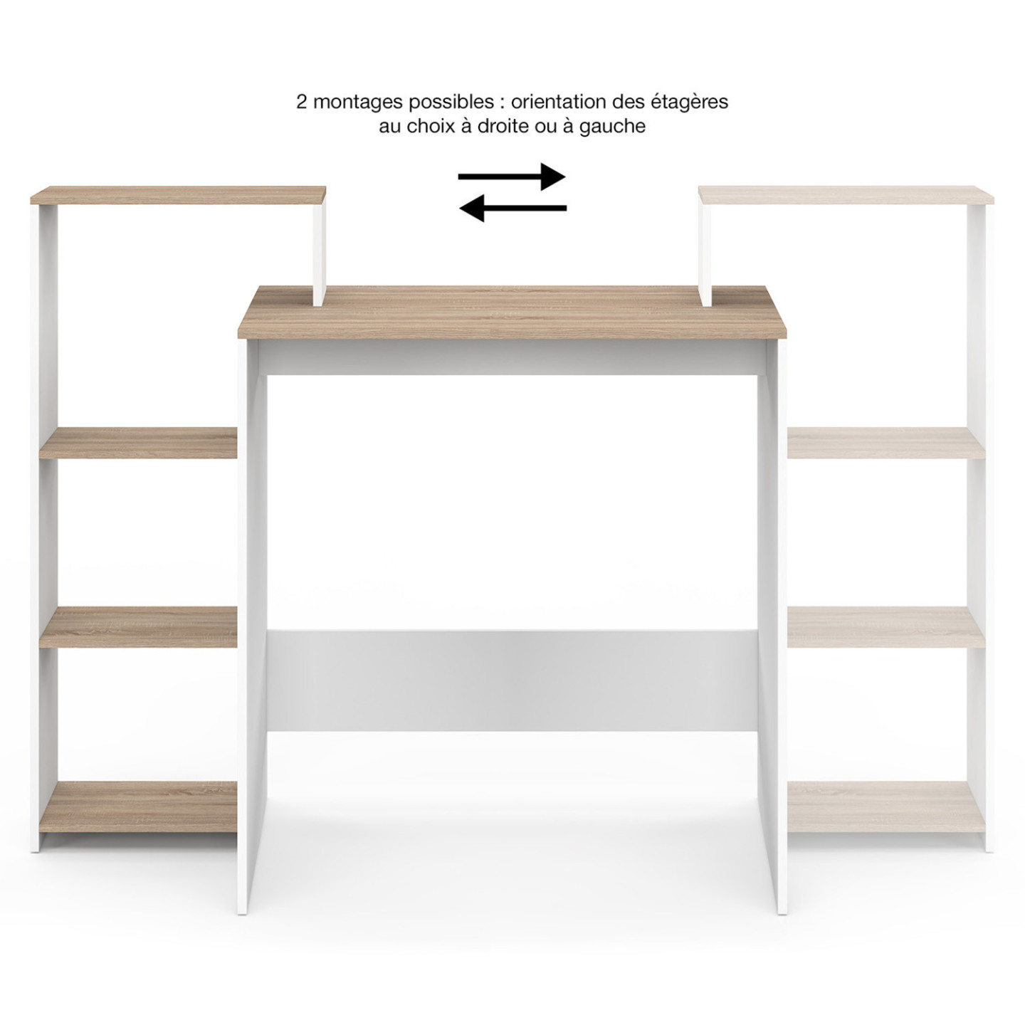 Bureau avec étagères modulables latérales bois façon hêtre et blanc ...