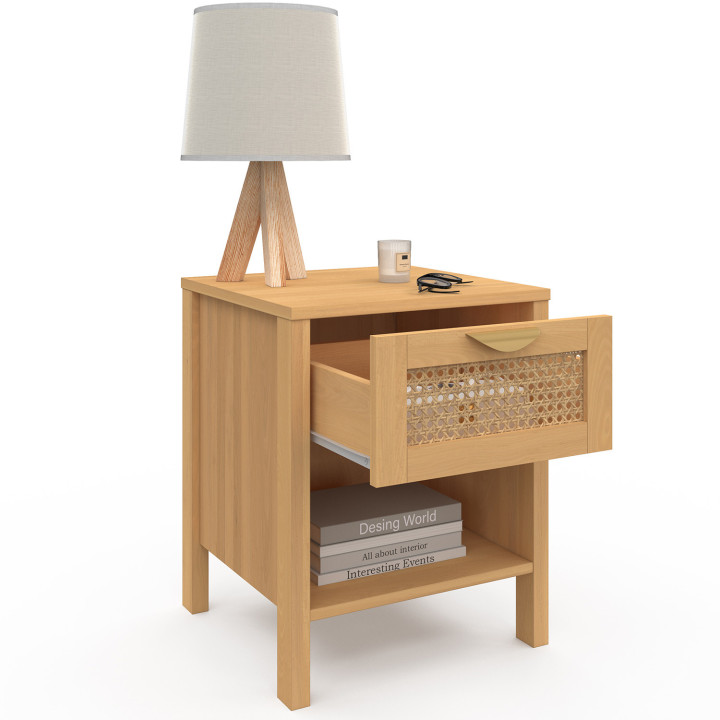 Lot de 2 tables de chevet EDHEN 1 tiroir avec niche cannage et bois