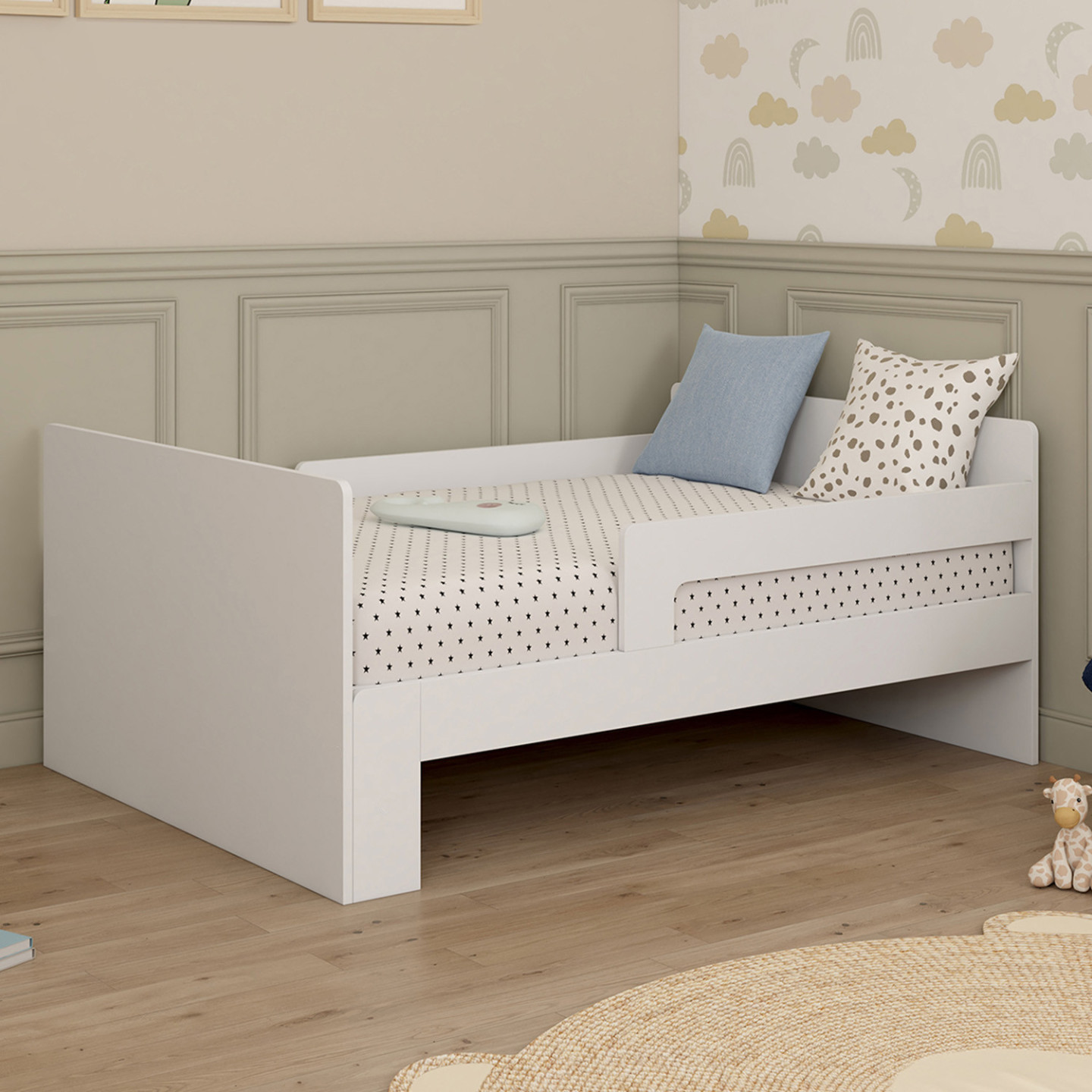 Lit simple évolutif 90 x 140/190 cm avec sommier et barrières bois ...