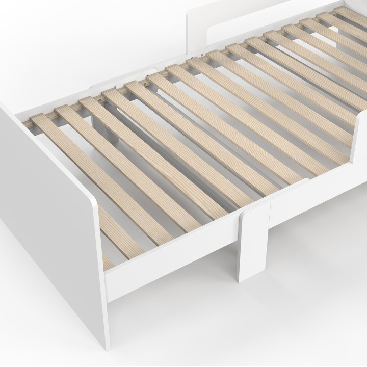 Lit simple évolutif GASPARD 90 x 140/190 cm avec sommier et barrières bois blanc Lit simple évolutif GASPARD 90 x 140/190 cm avec sommier et barrières bois blanc