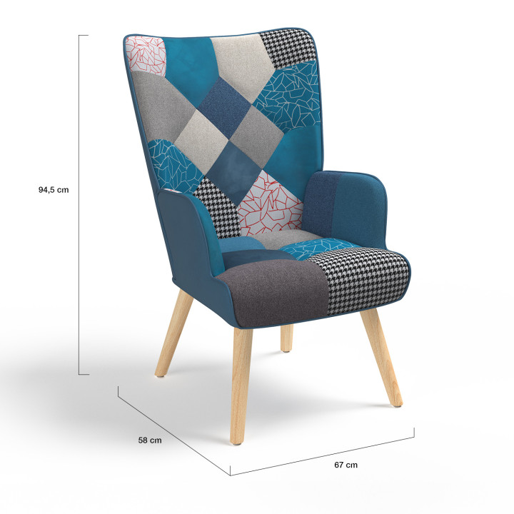Fauteuil scandinave IVAR en tissu patchwork et velours bleu