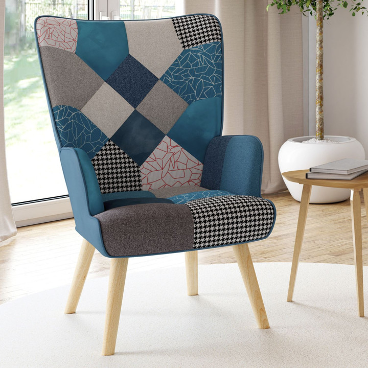 Fauteuil scandinave IVAR en tissu patchwork et velours bleu