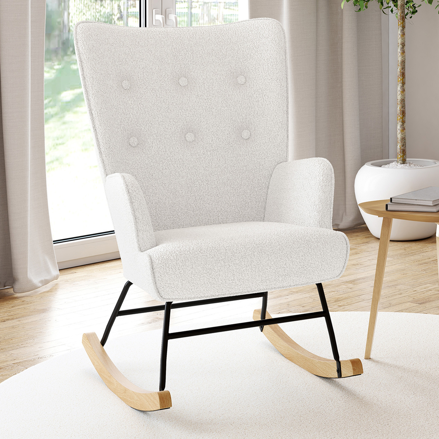 Fauteuil scandinave en tissu à bascule bouclette beige