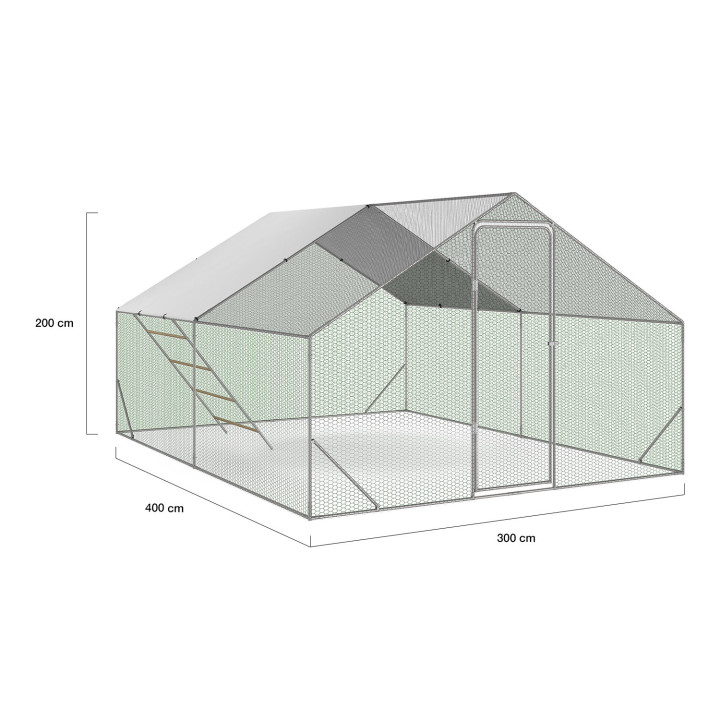 Enclos poulailler 12 m² 4x3 M avec grand perchoir 4 niveaux en bois acier galvanisé