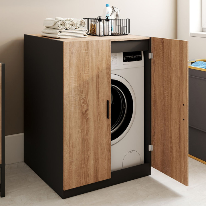 Armario para lavadora con puertas negras y de haya - WALLIS | IdMarket