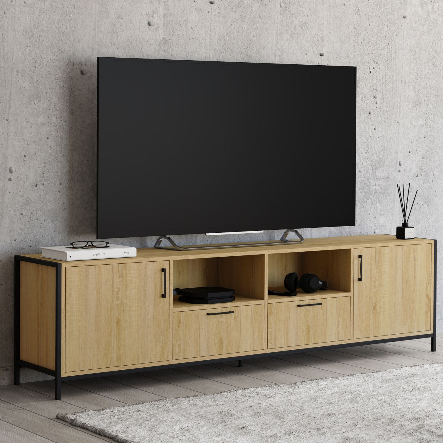 Meuble TV 180 cm design industriel 2 portes 2 tiroirs