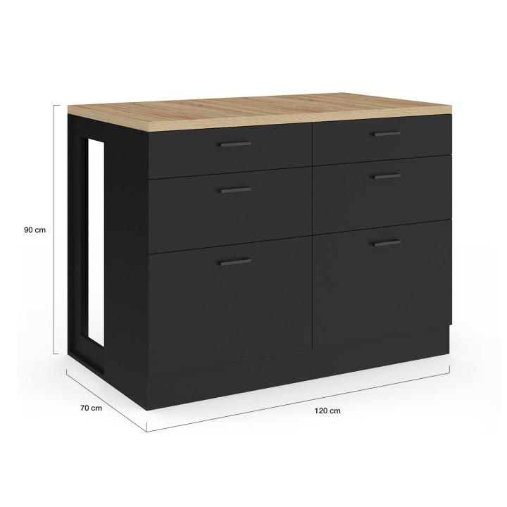 Isla central de 120 cm con 6 cajones negros y encimera de madera - ORSO | IdMarket