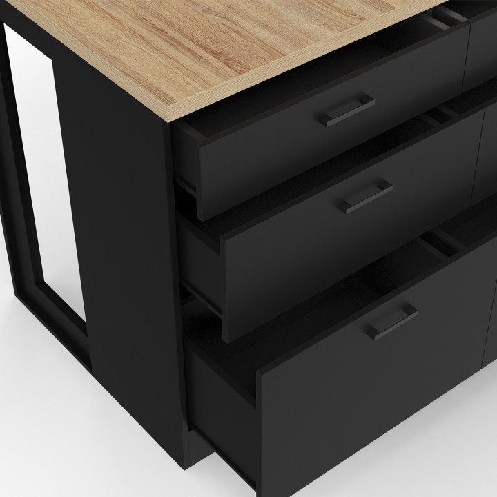 Isla central de 120 cm con 6 cajones negros y encimera de madera - ORSO | IdMarket