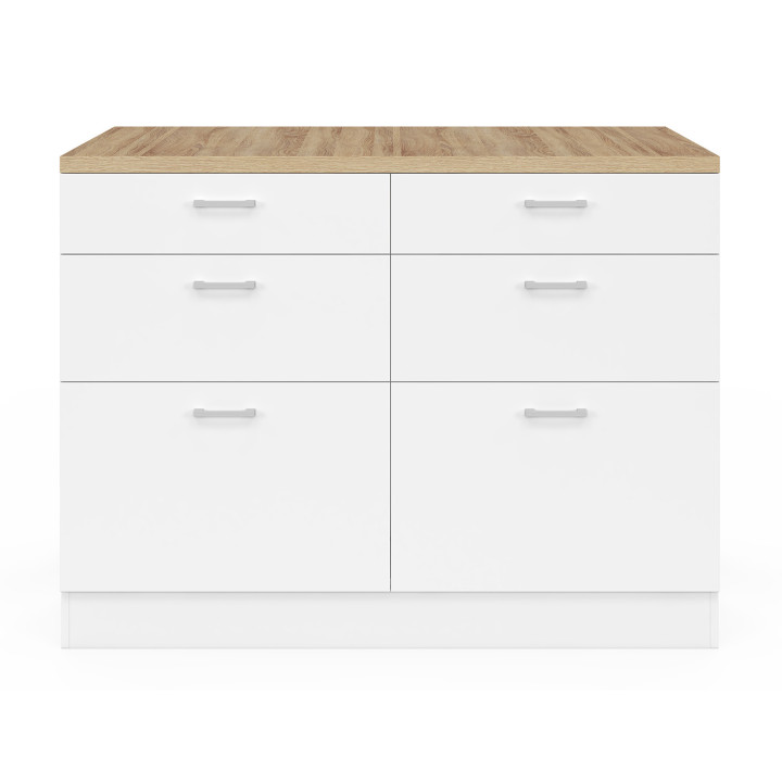 Isla central de 120 cm con 6 cajones blancos y encimera de madera - ORSO | IdMarket