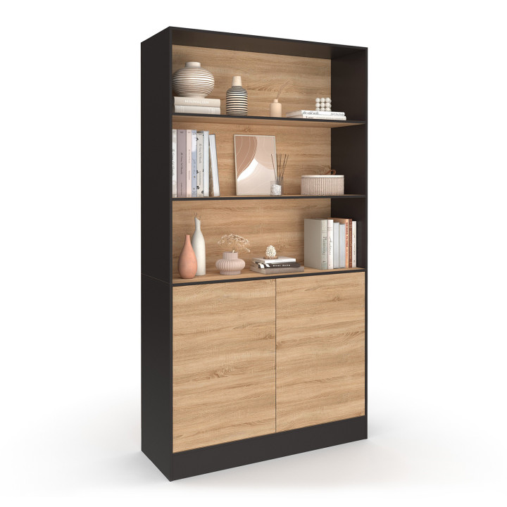 Estantería XXL 3 niveles 1 armario efecto madera y negro 190 cm - CARLA | IdMarket