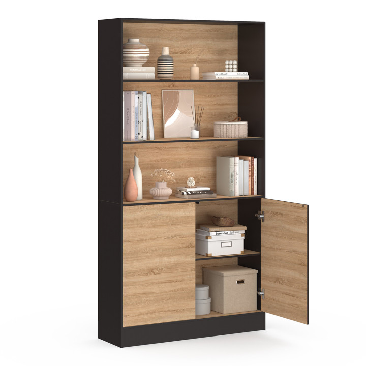 Estantería XXL 3 niveles 1 armario efecto madera y negro 190 cm - CARLA | IdMarket