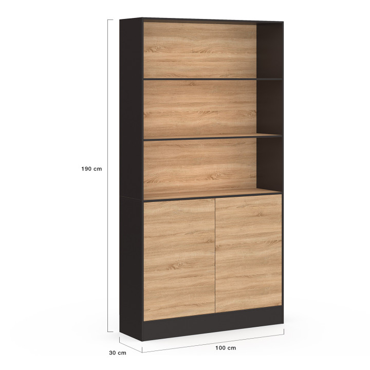 Bücherregal CARLA 3 Ebenen XXL 1 Schrank schwarz und Holzeffekt H.190 cm