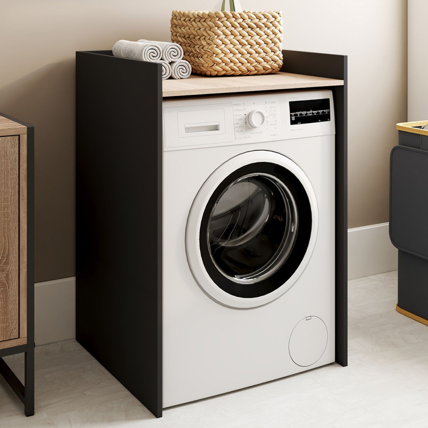 Meuble armoire pour machine à laver noir et bois façon hêtre