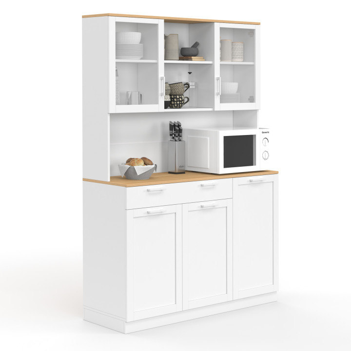 Aparador de cocina acristalado de 120 cm con 5 puertas + 1 cajón blanco y encimera efecto haya - VITO | IdMarket
