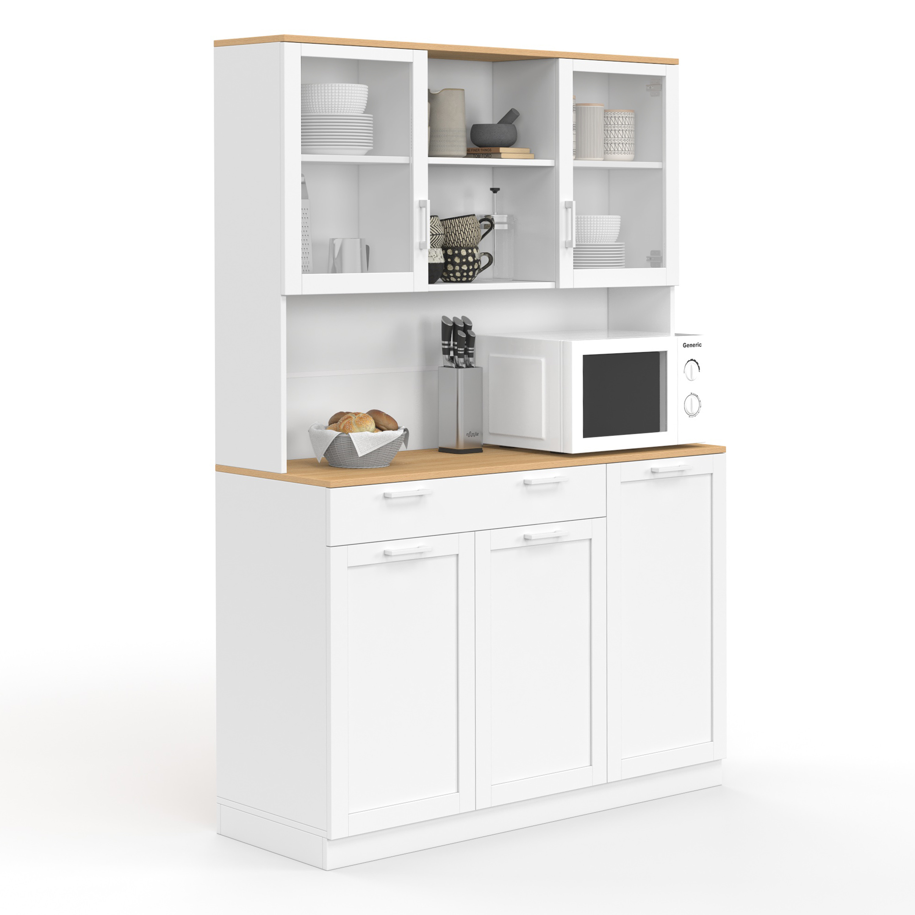 Buffet de cuisine vitré 120 cm 5 portes et 1 tiroir blanc et plateau façon hêtre