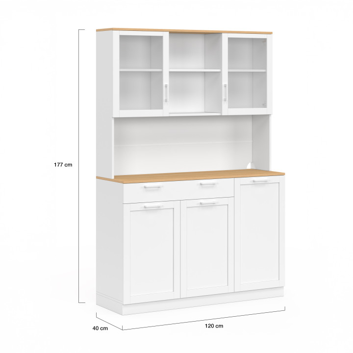 Aparador de cocina acristalado de 120 cm con 5 puertas + 1 cajón blanco y encimera efecto haya - VITO | IdMarket