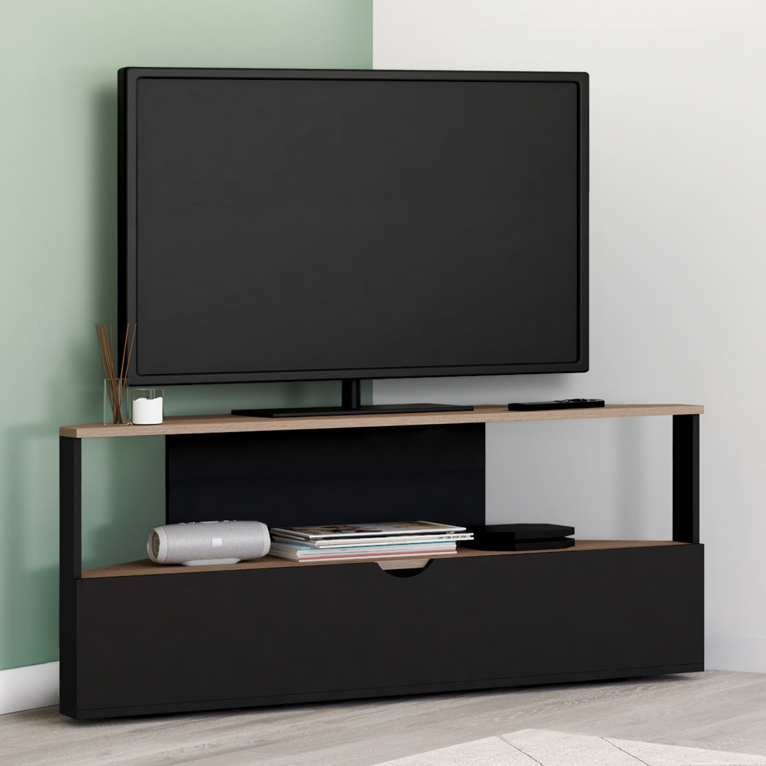 Meuble TV d'angle bois façon hêtre et noir 100 cm