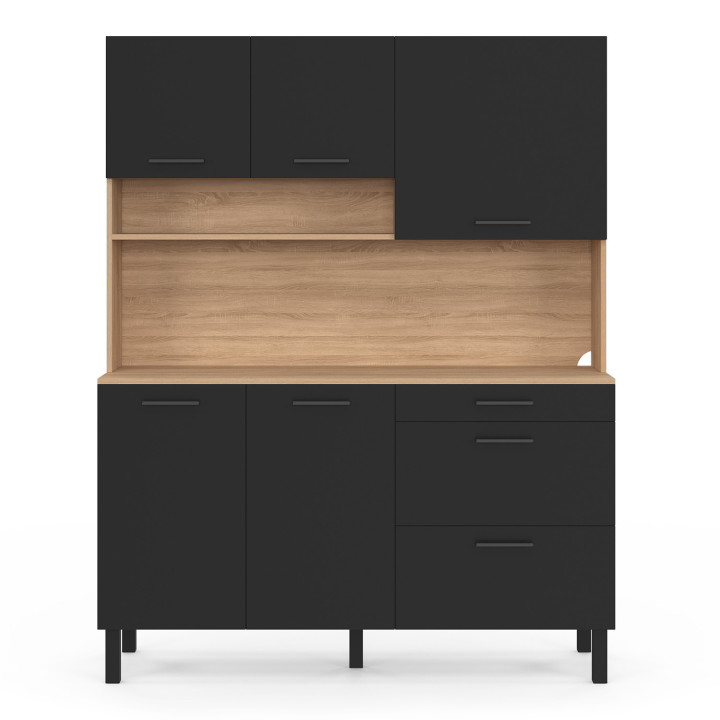 Credenza da cucina CINA 140 CM con 5 ante + 3 cassetti, finitura faggio e nero