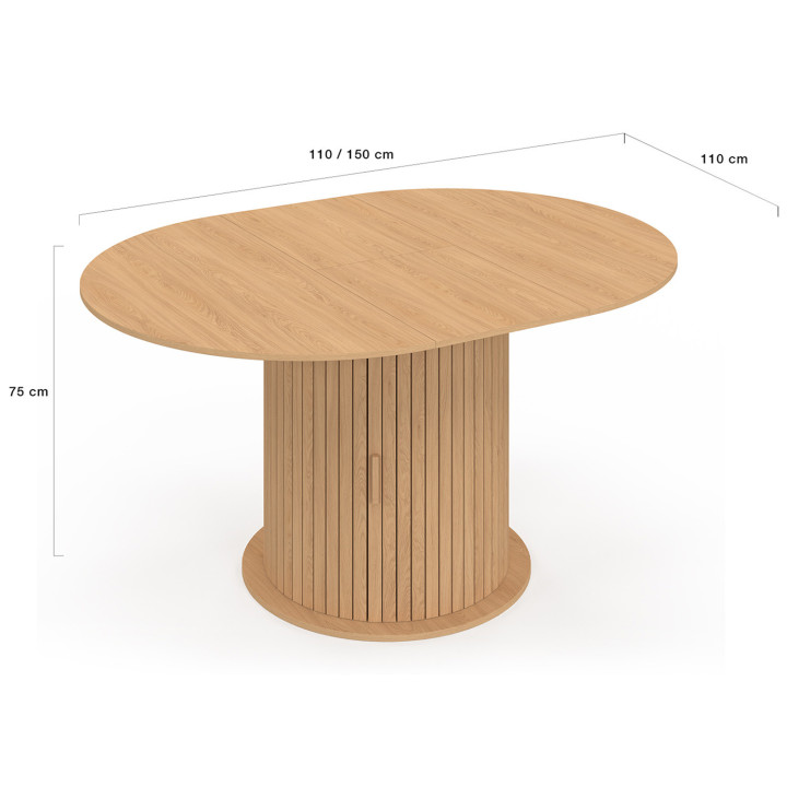 JULIETTE Tavolo da pranzo rotondo allungabile per 4-8 persone con gambe a doghe e contenitore 110-150 cm