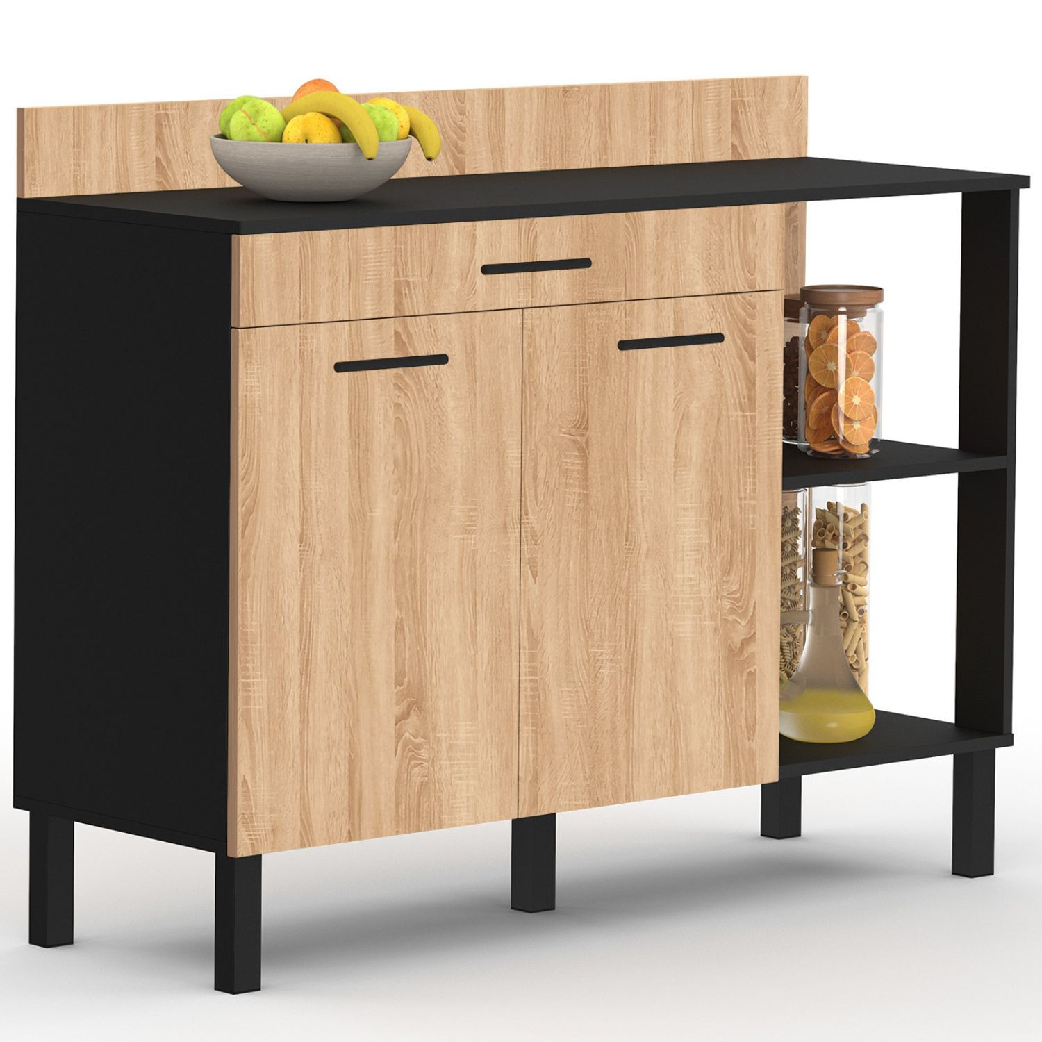 Buffet bas de cuisine noir 120 cm 2 portes + tiroir bois façon hêtre